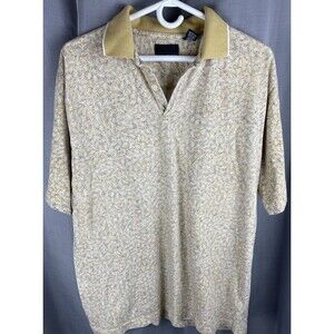 Bill Blass Mens Sz L Tan Small Leaves Short Sleeve Cotton Polo Shirt